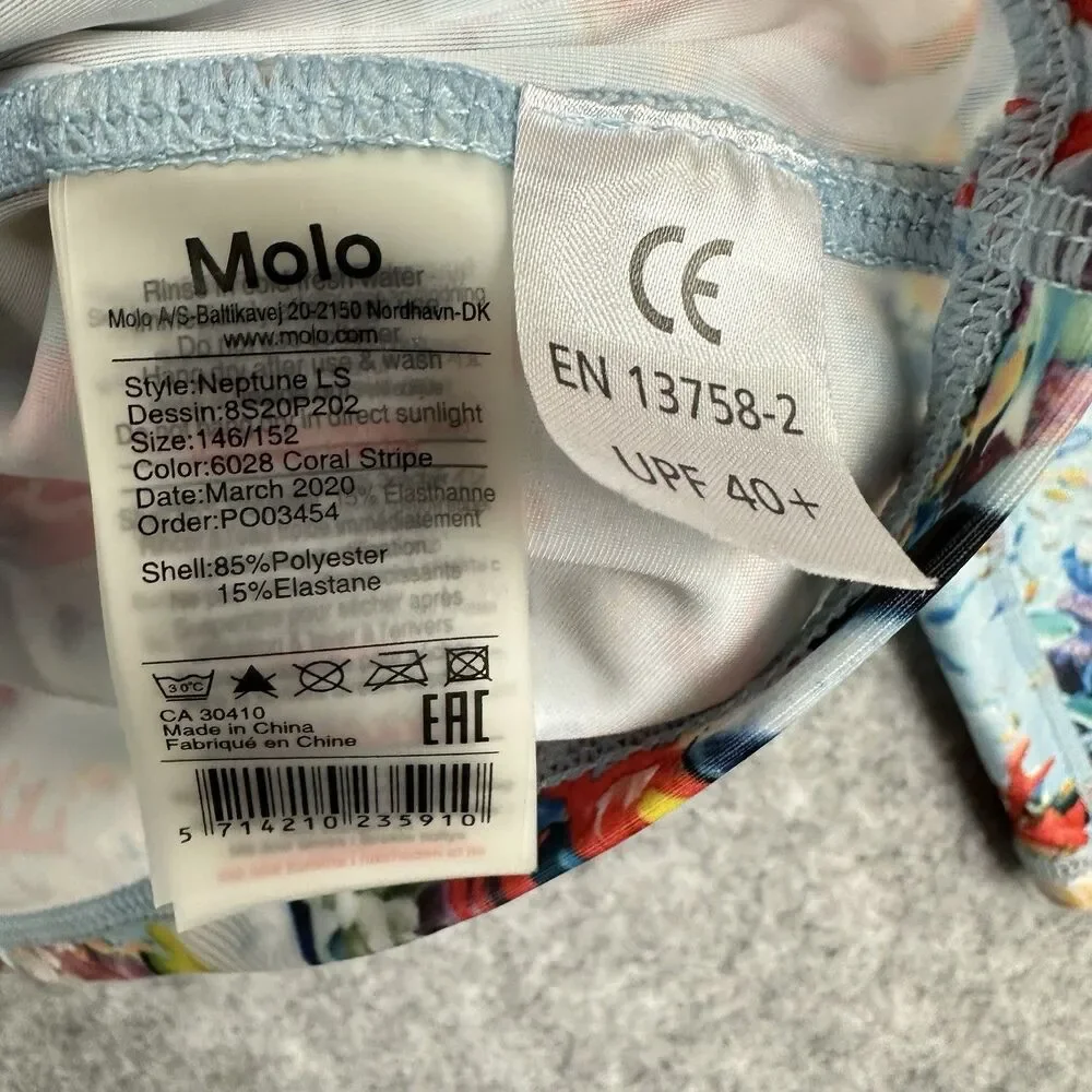 Molo Neptune LS Rash Guard Swim Shirt Youth 146 152 Blue Coral Fish UPF 40+